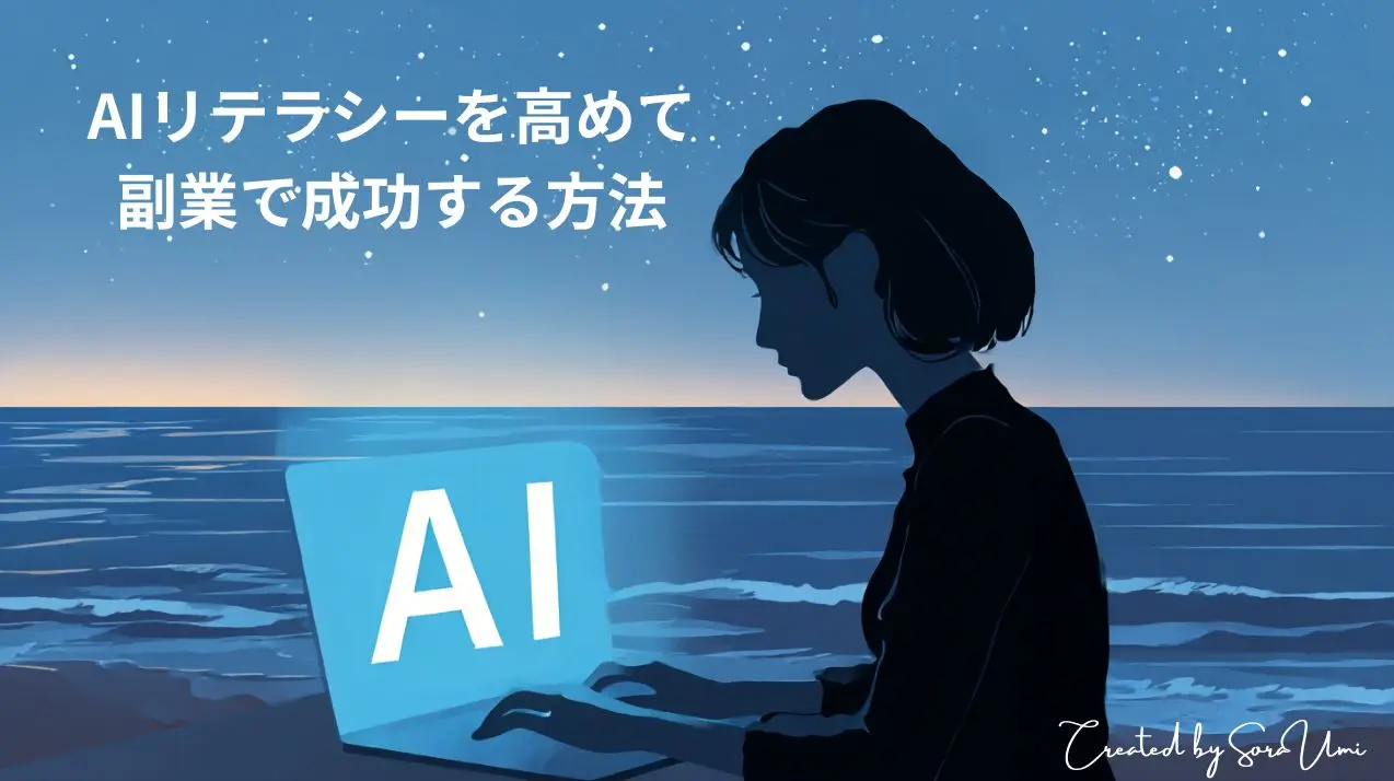青い背景の前で女性がPCに向かっている。画面にはAIの文字。