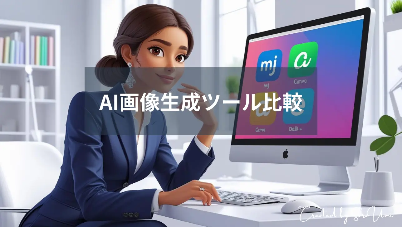 デスクに置かれたPCの前でどの生成AIにしようか考えるOL