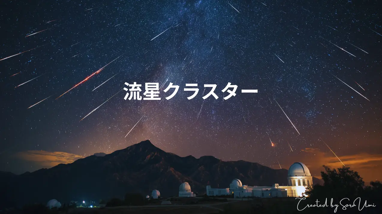 満点の星空に無数の流星群、その下は山並みと天文台