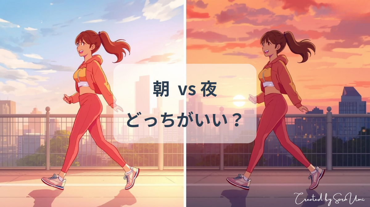 朝と夜それぞれウォーキングするスポーツウェアの女性
